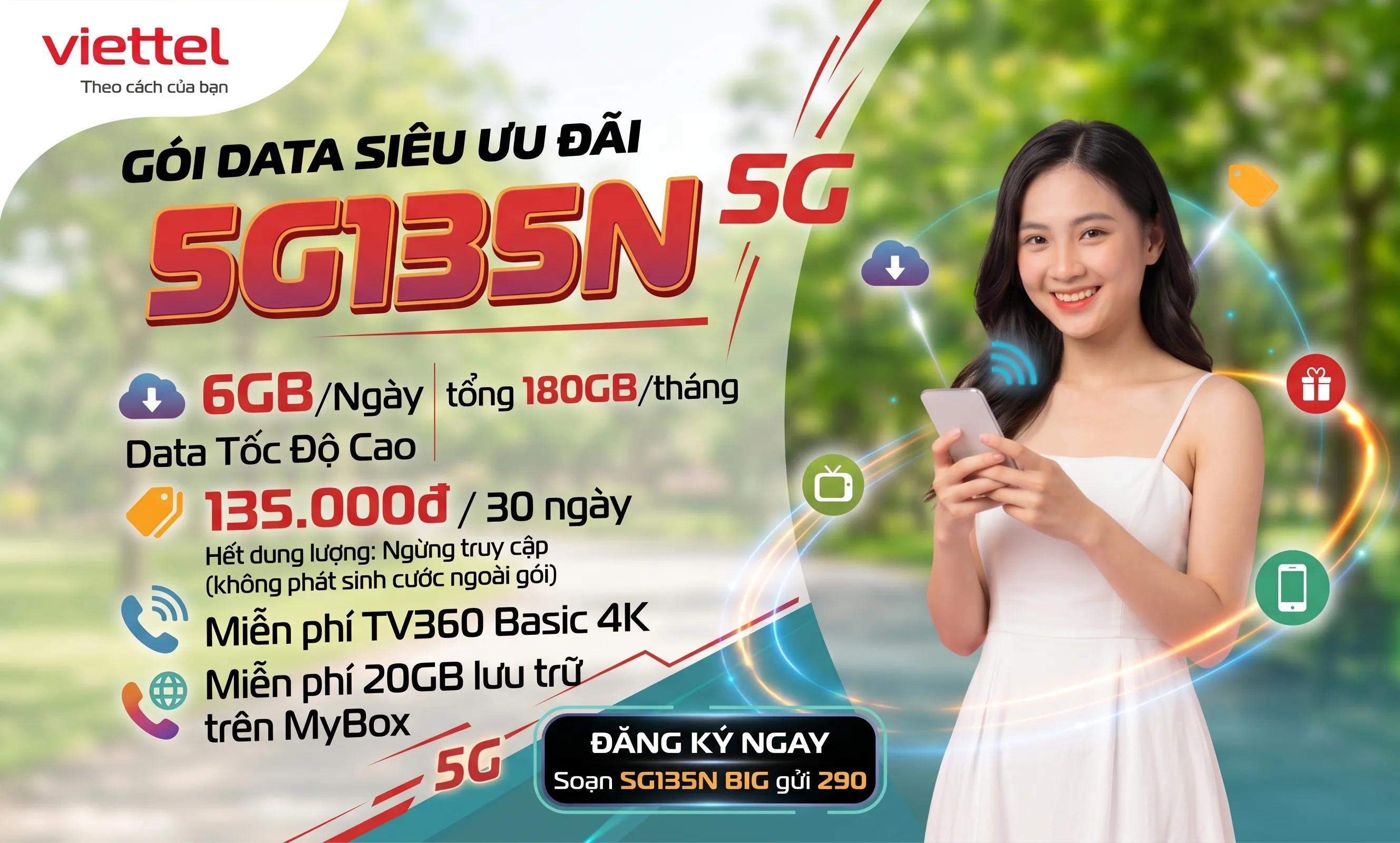 Hướng dẫn đăng ký gói 5G135N Viettel: nhận ngay 180GB data và combo giải trí cực chất với 135K